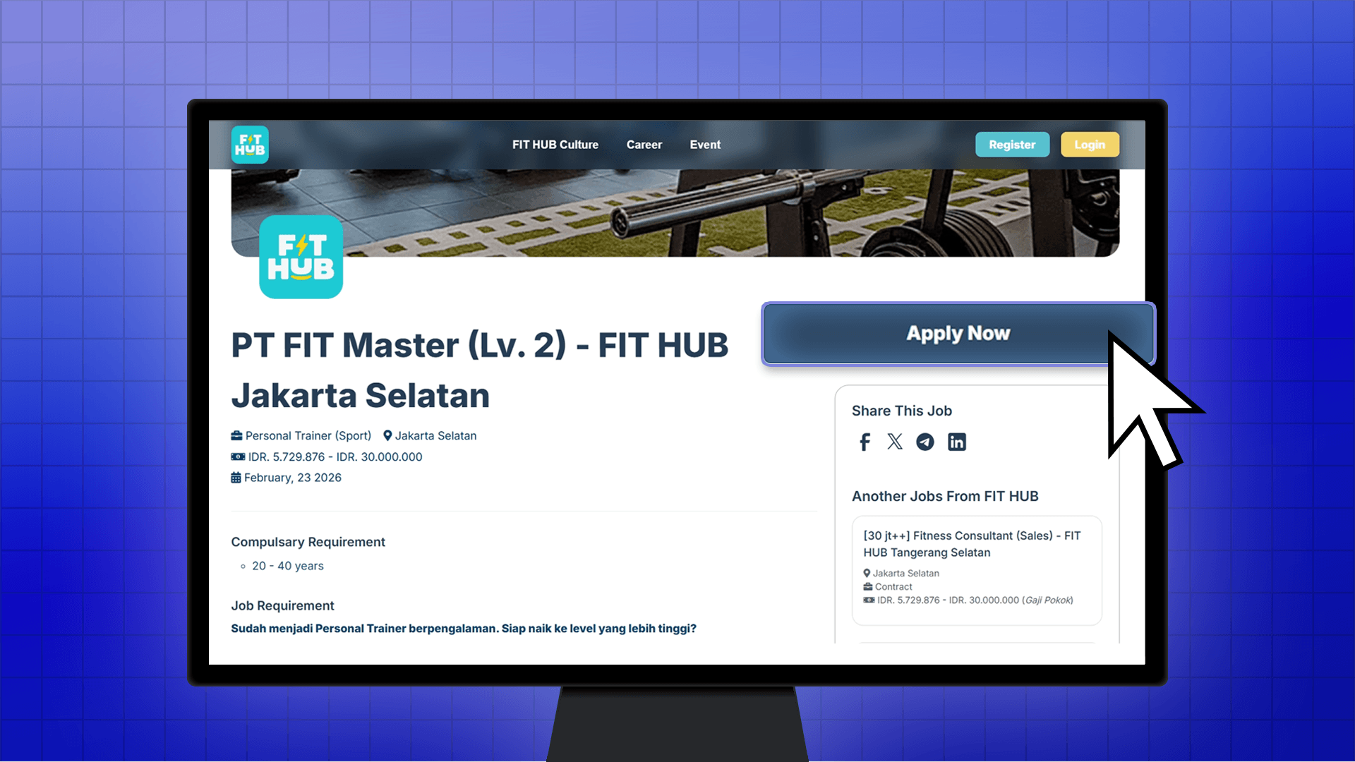 Layar monitor menampilkan rincian lowongan kerja dengan kursor mengarah pada tombol bertuliskan Apply Now.