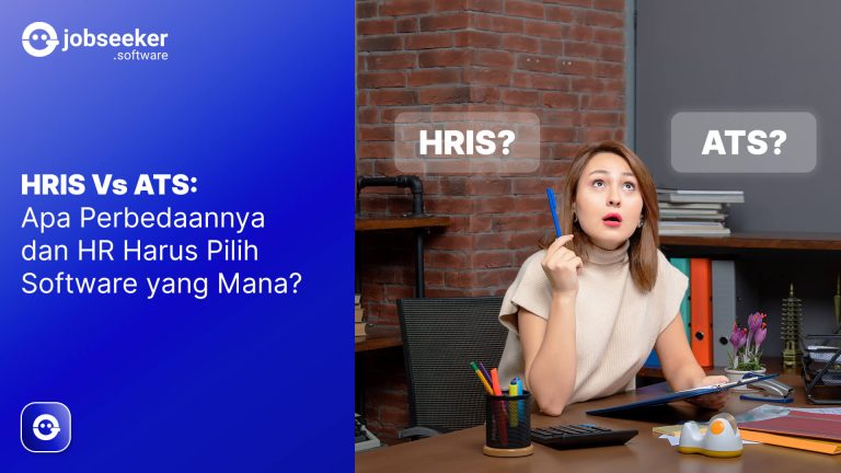Feature image “HRIS Vs ATS: Apa Perbedaannya dan HR Harus Pilih Software yang Mana?” dengan seorang wanita duduk di meja kerja sambil memegang pulpen dan mendongak bingung memilih antara HRIS dan ATS.