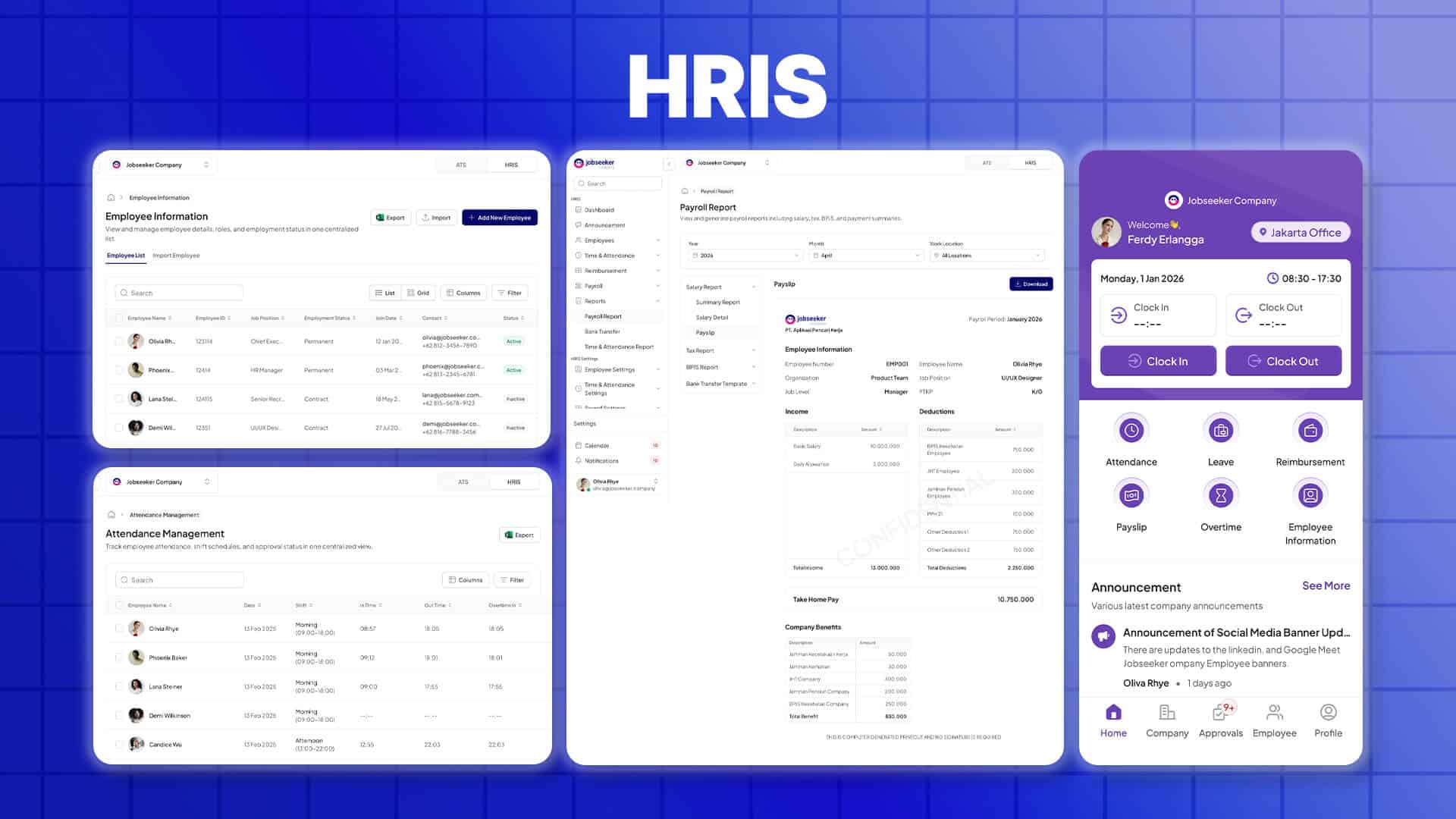 Tampilan antarmuka software HRIS Jobseeker Company pada layar komputer dan ESS Jobseeker Life yang ada di ponsel yang menampilkan data karyawan dan absensi.