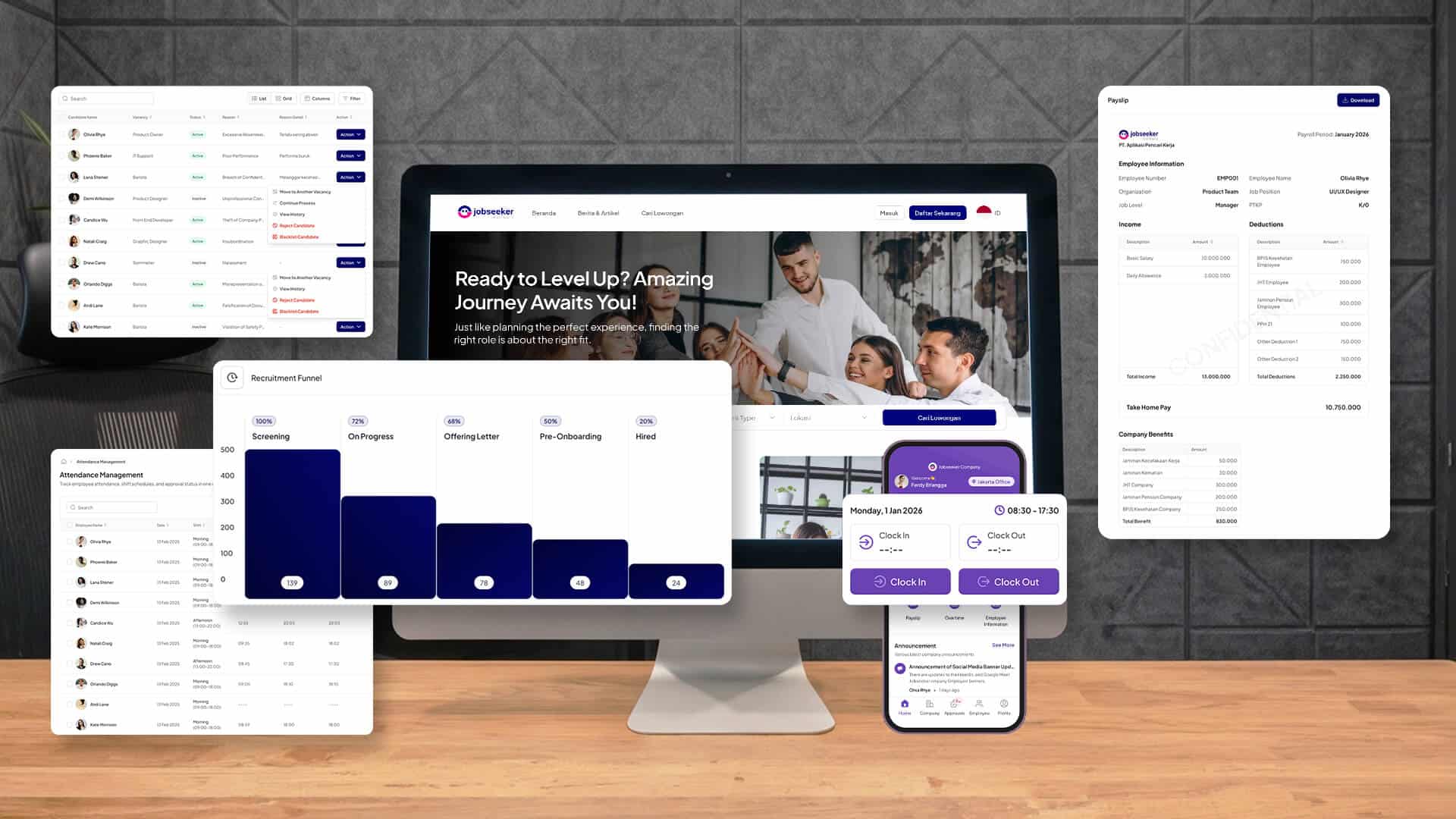 Tampilan layar komputer dan ponsel yang menampilkan berbagai antarmuka software HRIS Jobseeker Company dan aplikasi ESS Jobseeker Life.