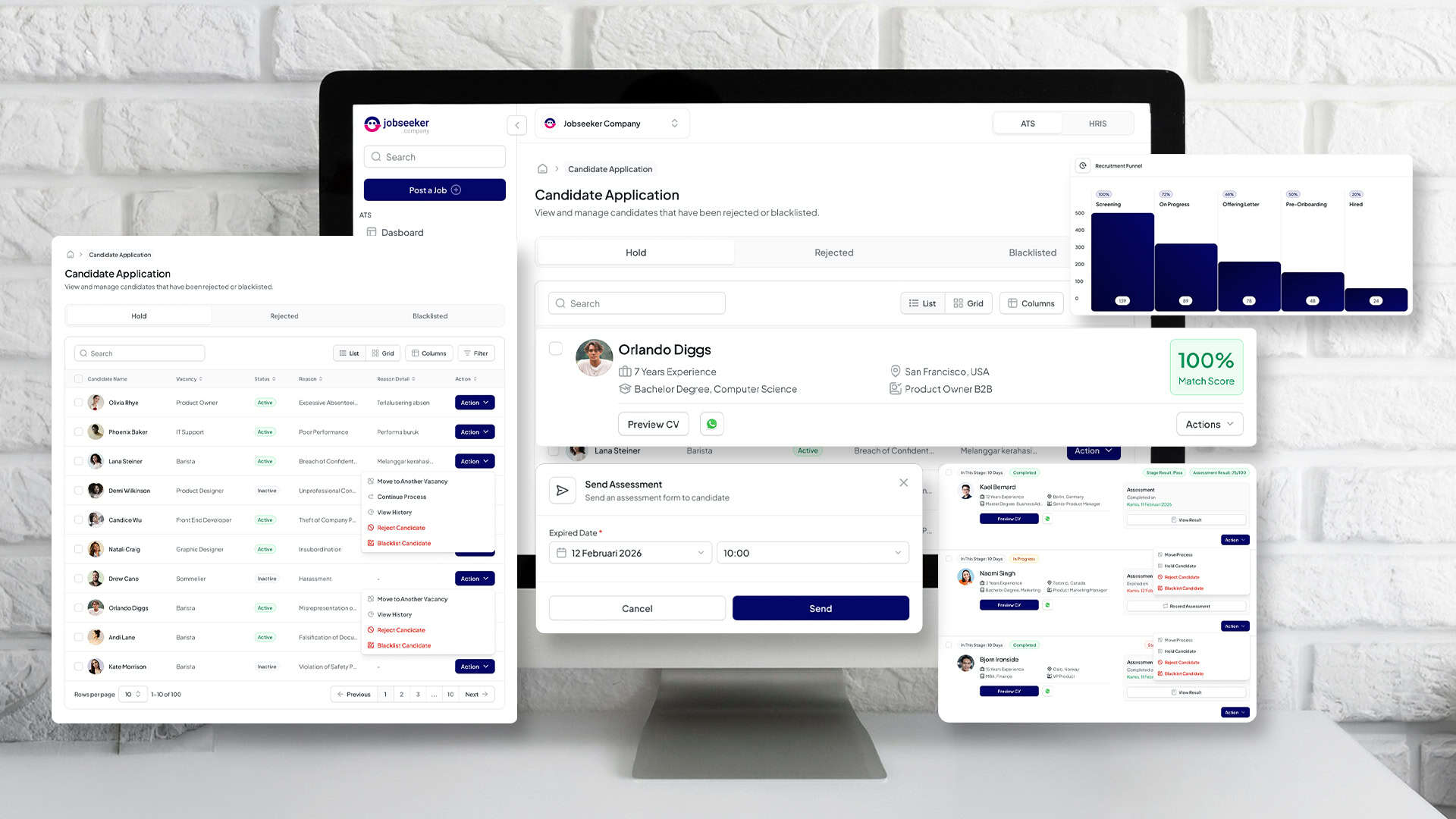 Layar komputer di atas meja menampilkan antarmuka dashboard software ATS dari Jobseeker Company.