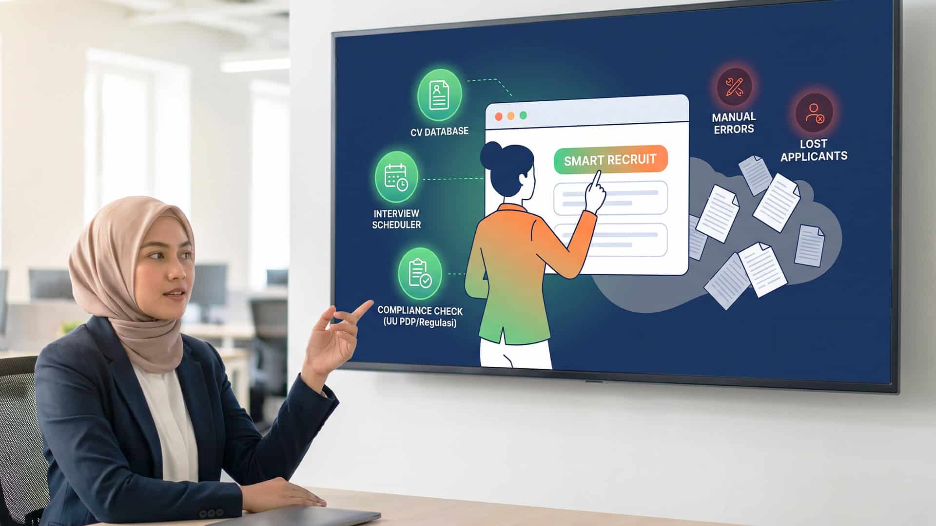 Wanita berhijab menunjuk ke layar presentasi yang menampilkan ilustrasi fitur software rekrutmen.