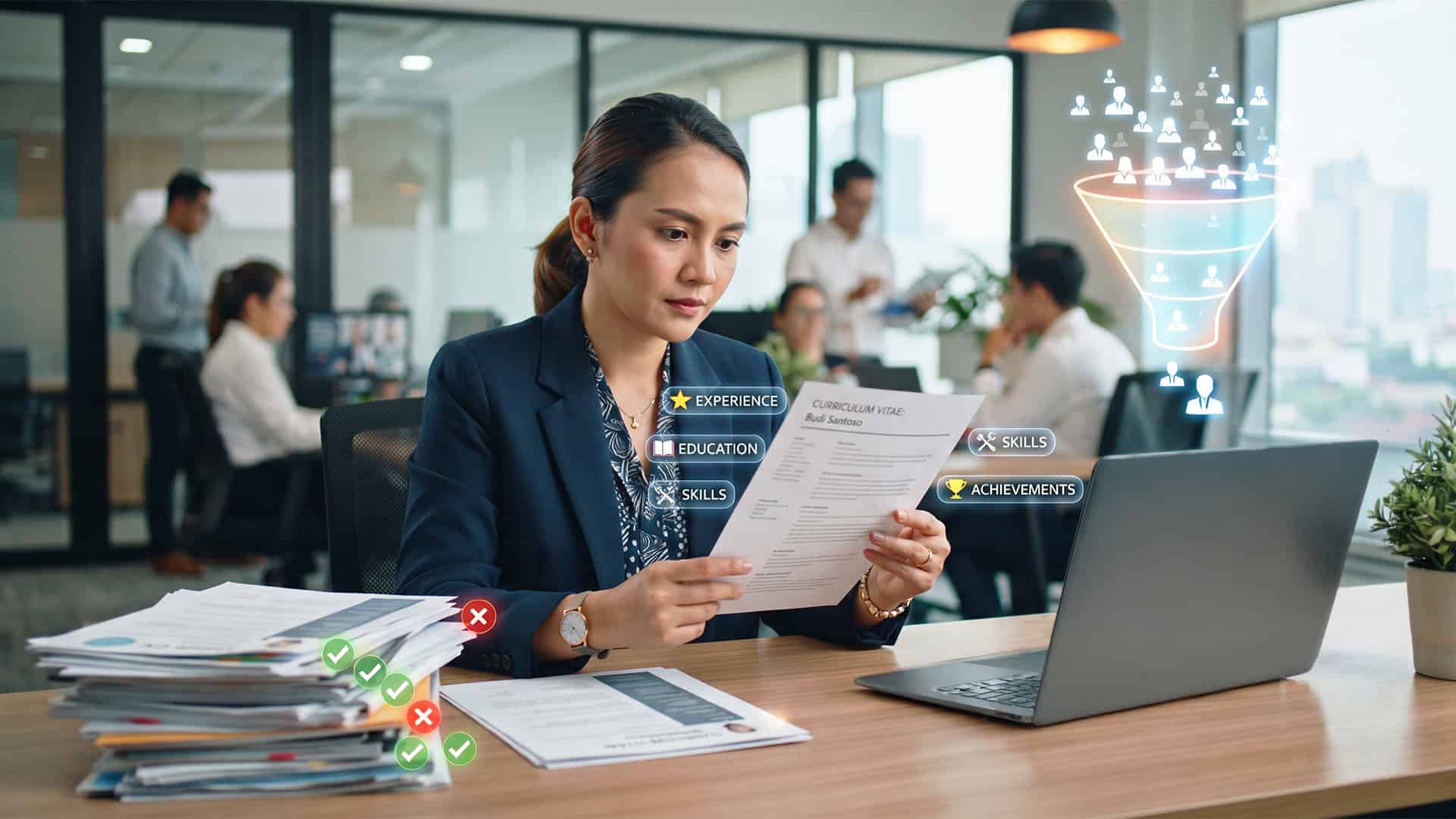 Seorang profesional HR wanita sedang meninjau lembaran CV kandidat di meja kantor. 
