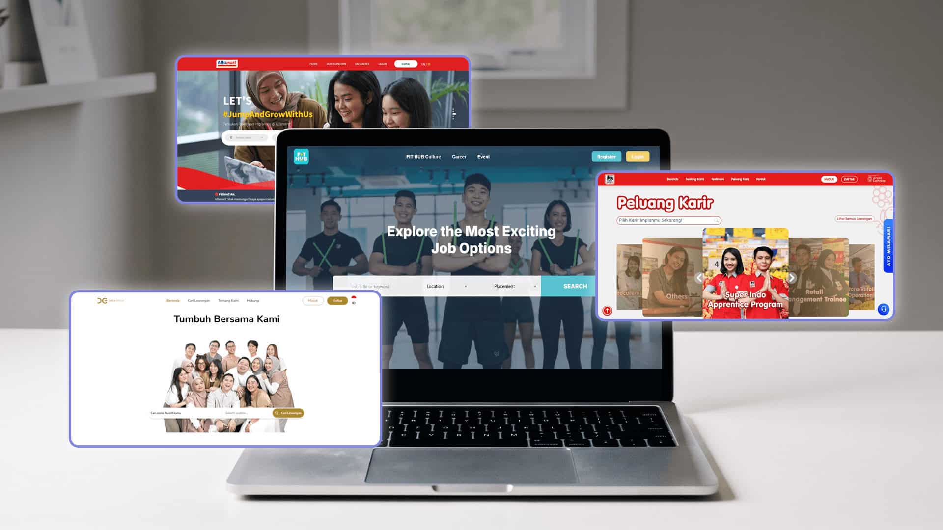 Tampilan laptop dan beberapa antarmuka situs web karier perusahaan di atas meja.