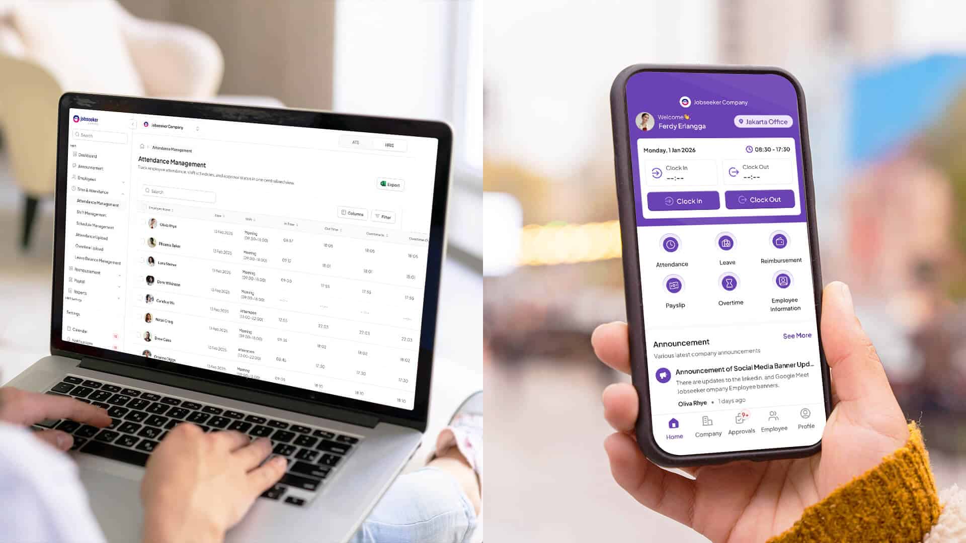 Seseorang menggunakan laptop dan ponsel pintar yang menampilkan antarmuka aplikasi Jobseeker Life untuk absensi dan manajemen kehadiran karyawan.