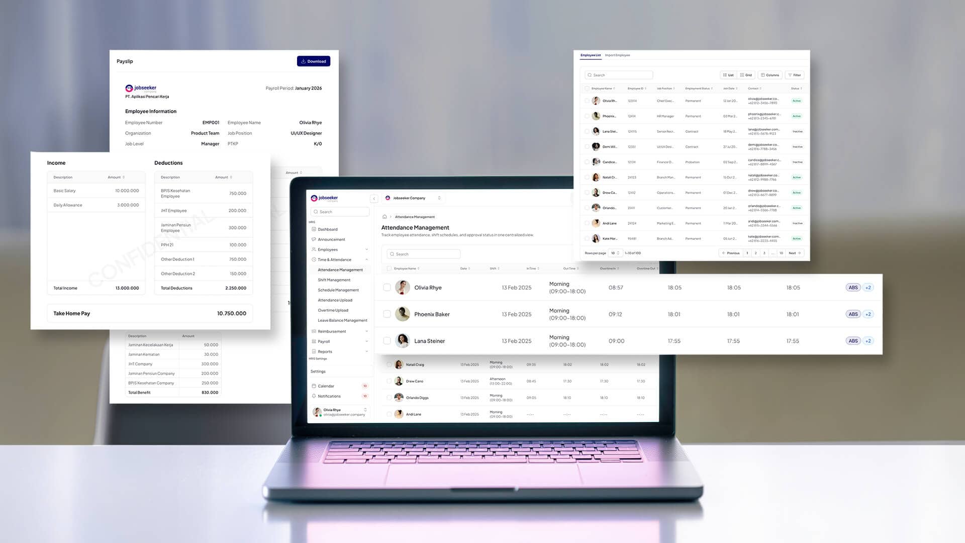 Laptop menampilkan antarmuka Software HRIS dari Jobseeker Company yang menampilkan modul absensi dan daftar karyawan.