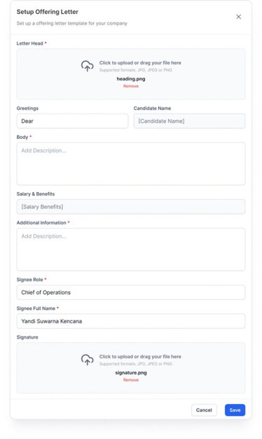 Formulir pengaturan template surat penawaran kerja pada sistem Jobseeker Software.