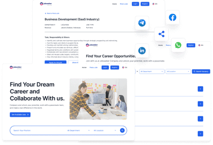 Tampilan portal lowongan kerja Jobseeker Software beserta pilihan bagikan ke media sosial.