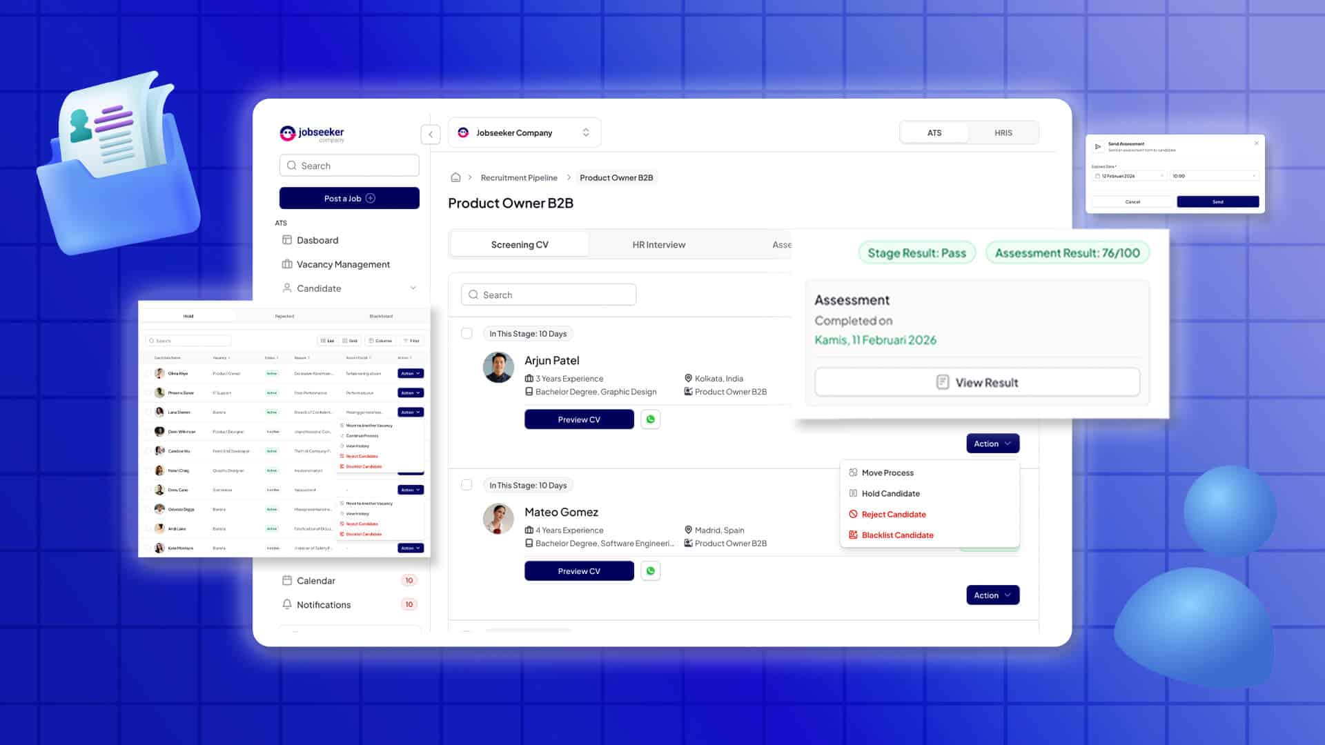 Dashboard software rekrutmen Jobseeker Company untuk posisi Product Owner B2B, menampilkan daftar pelamar, hasil penilaian, dan menu tindakan kandidat.