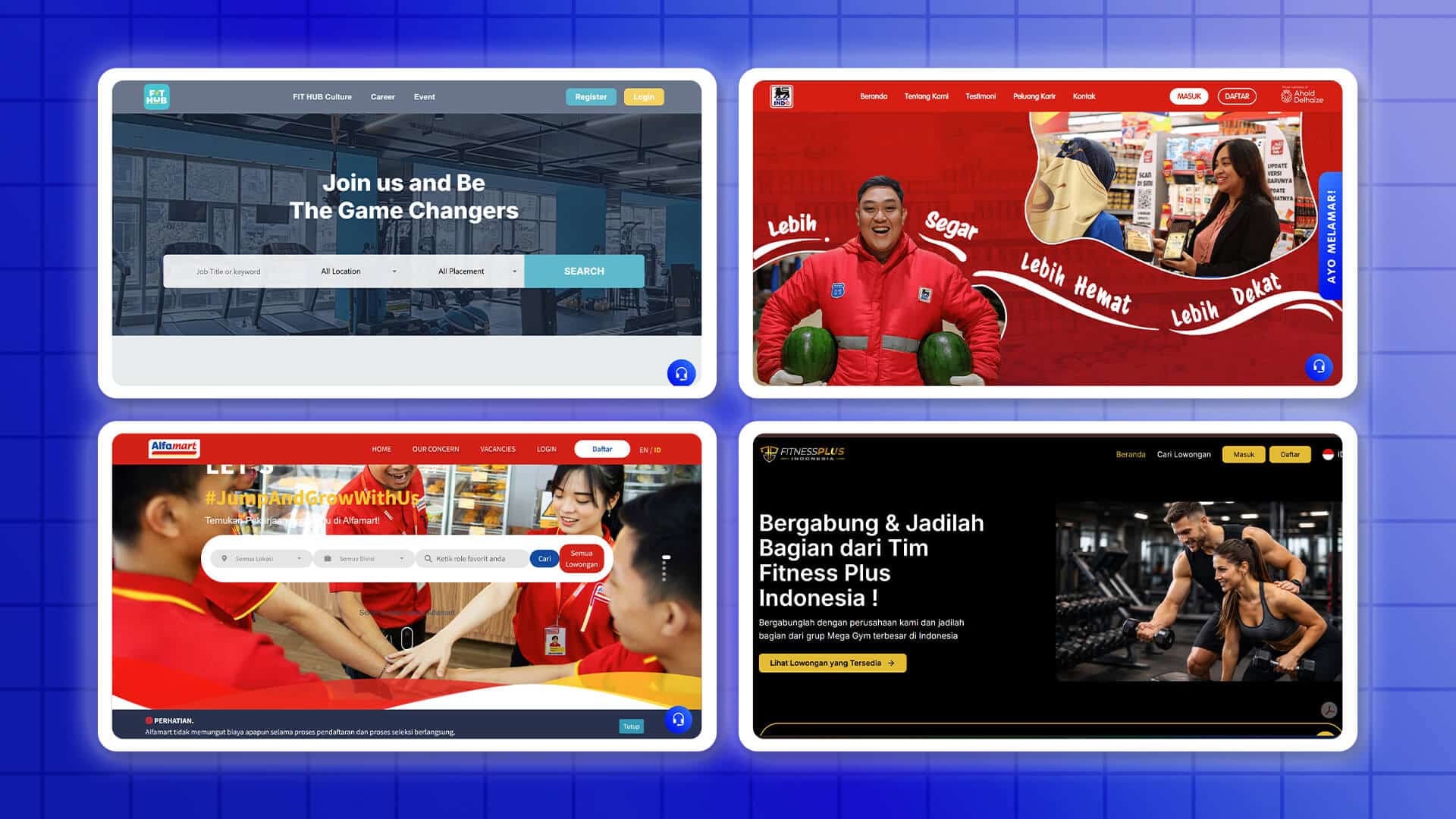 empat tampilan halaman situs web karier (careersite) perusahaan yang dibuat oleh Jobseeker yang responsif milik Fit Hub, Super Indo, Alfamart, dan Fitness Plus Indonesia.