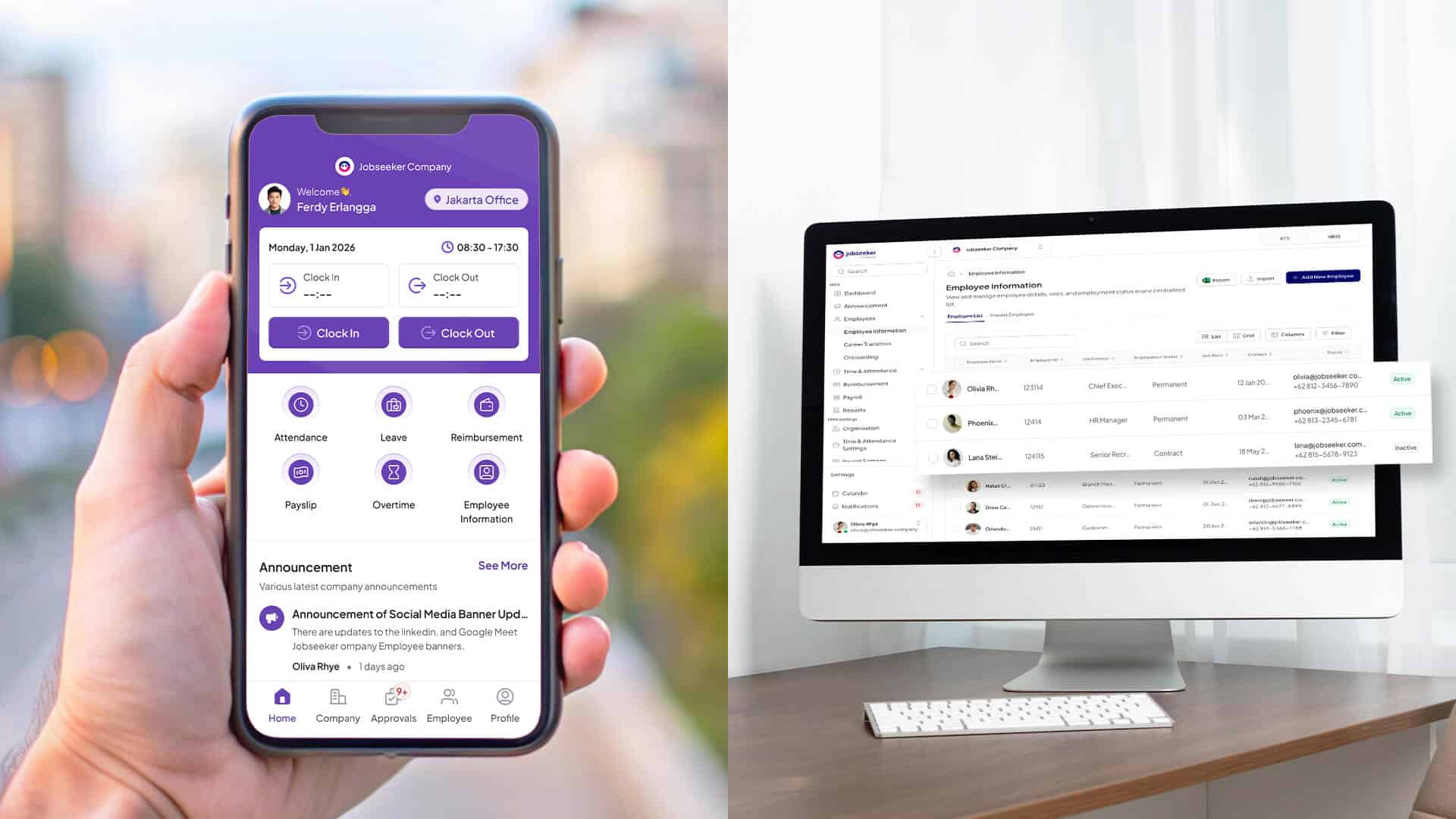 Aplikasi Jobseeker Life untuk absensi karyawan di sebelah kiri, dan dashboard HRIS Jobseeker Software pada monitor komputer di sebelah kanan. 
