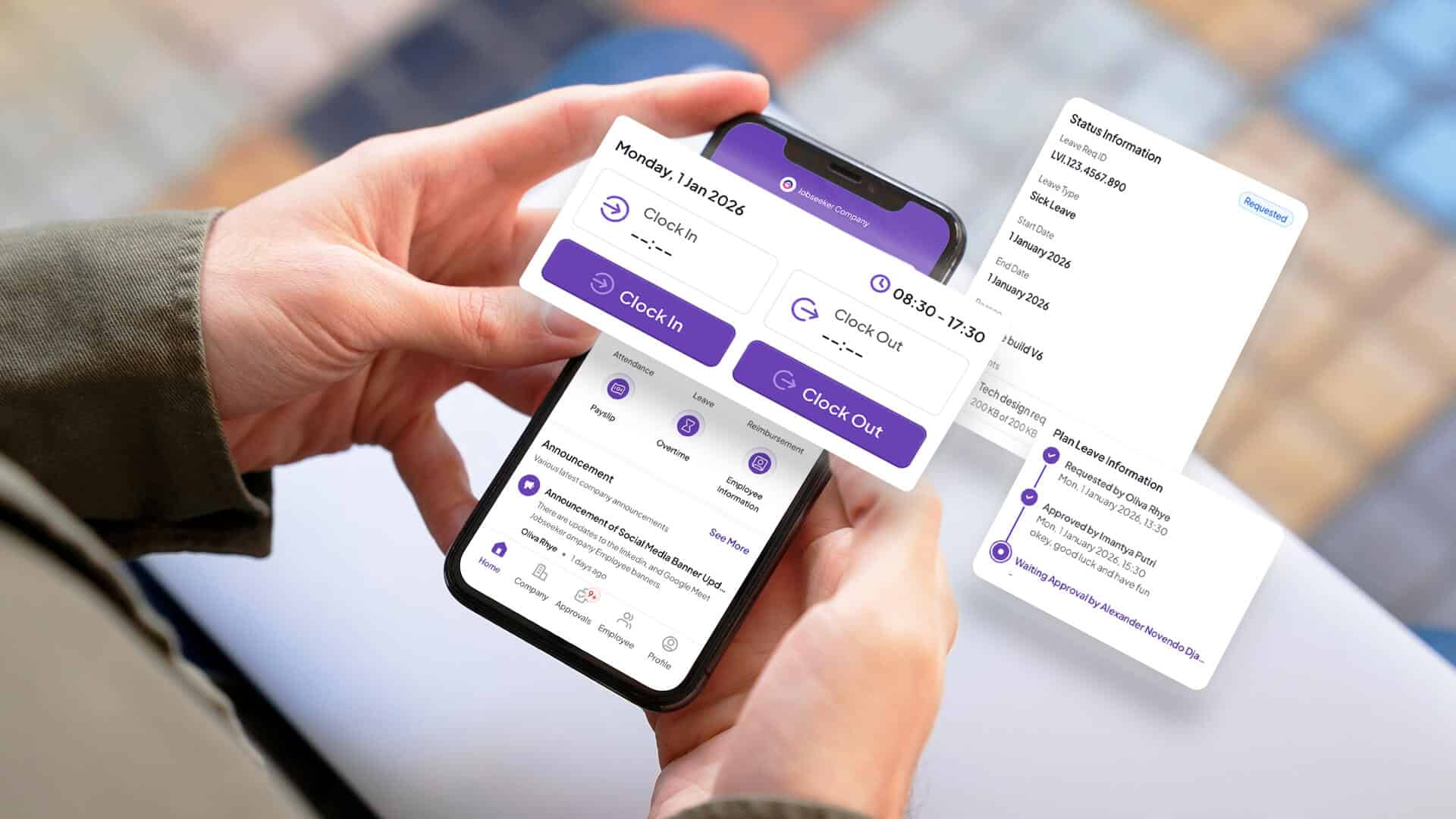 Seseorang memegang ponsel pintar yang menampilkan aplikasi absensi seluler Jobseeker Life untuk melakukan clock-in dan clock-out, dan informasi pengajuan cuti.