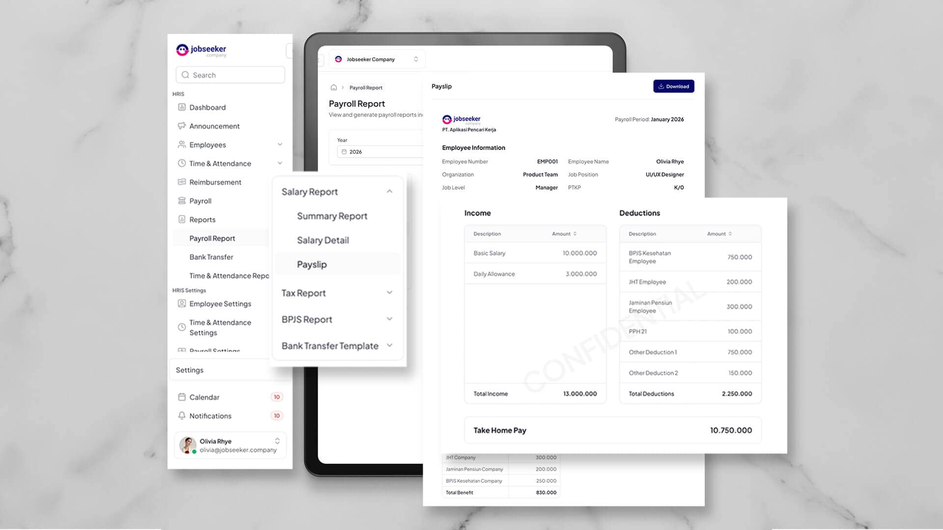Tampilan dashboard payroll Jobseeker Software pada tablet dan dokumen digital, memperlihatkan menu laporan gaji, rincian slip gaji, laporan pajak, serta BPJS.