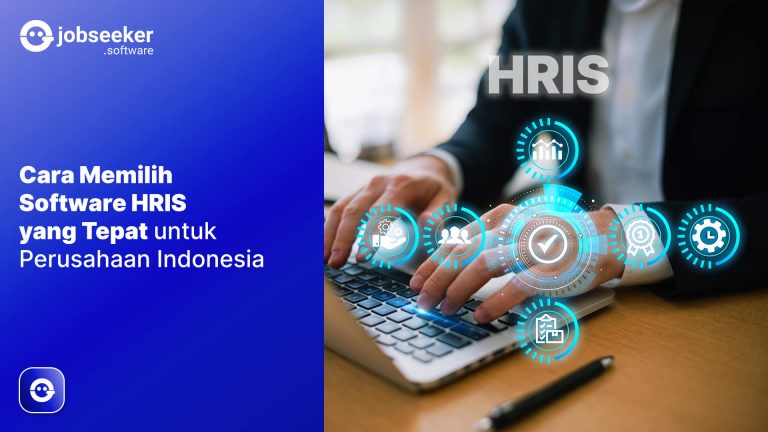 Featured image “Cara memilih Software HRIS yang Tepat untuk Perusahaan Indonesia” dengan tangan seseorang mengetik di laptop dengan hamparan grafik HRIS digital.