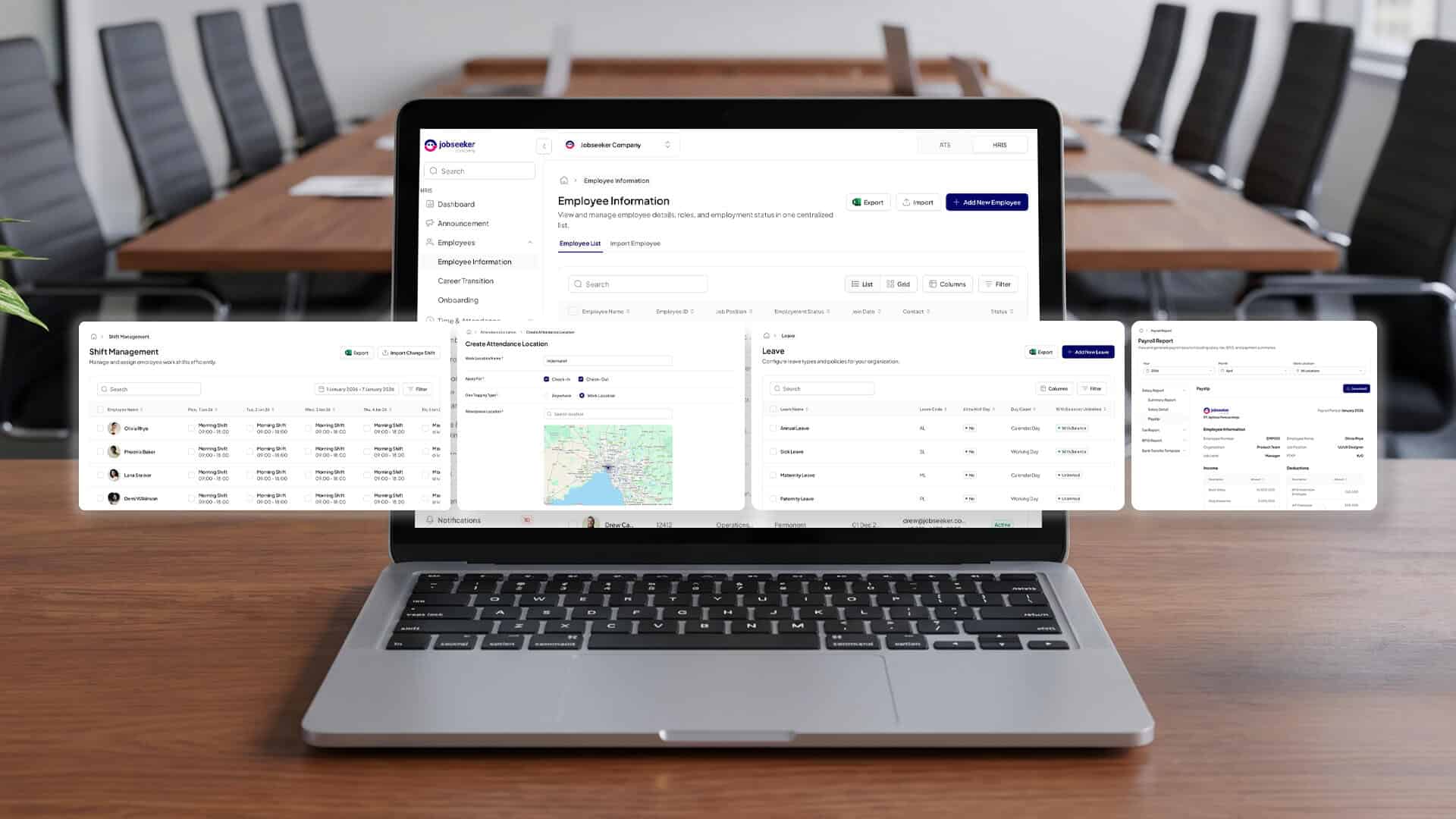 Laptop terbuka di atas meja rapat menampilkan antarmuka dashboard informasi karyawan dan berbagai modul yang ada pada software HRIS Jobseeker Company.