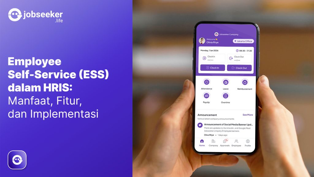 Featured image "Employee Self-Service (ESS) dalam HRIS: Manfaat, Fitur, dan Implementasinya" dengan tangan memegang ponsel yang menampilkan aplikasi absensi karyawan di samping teks informasi HRIS.