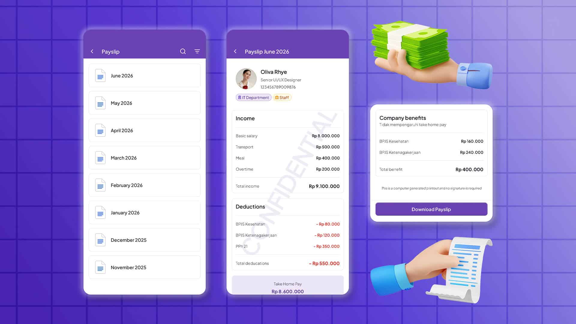 Tampilan antarmuka aplikasi Jobseeker Life yang menyajikan rincian slip gaji karyawan beserta ilustrasi uang tunai.