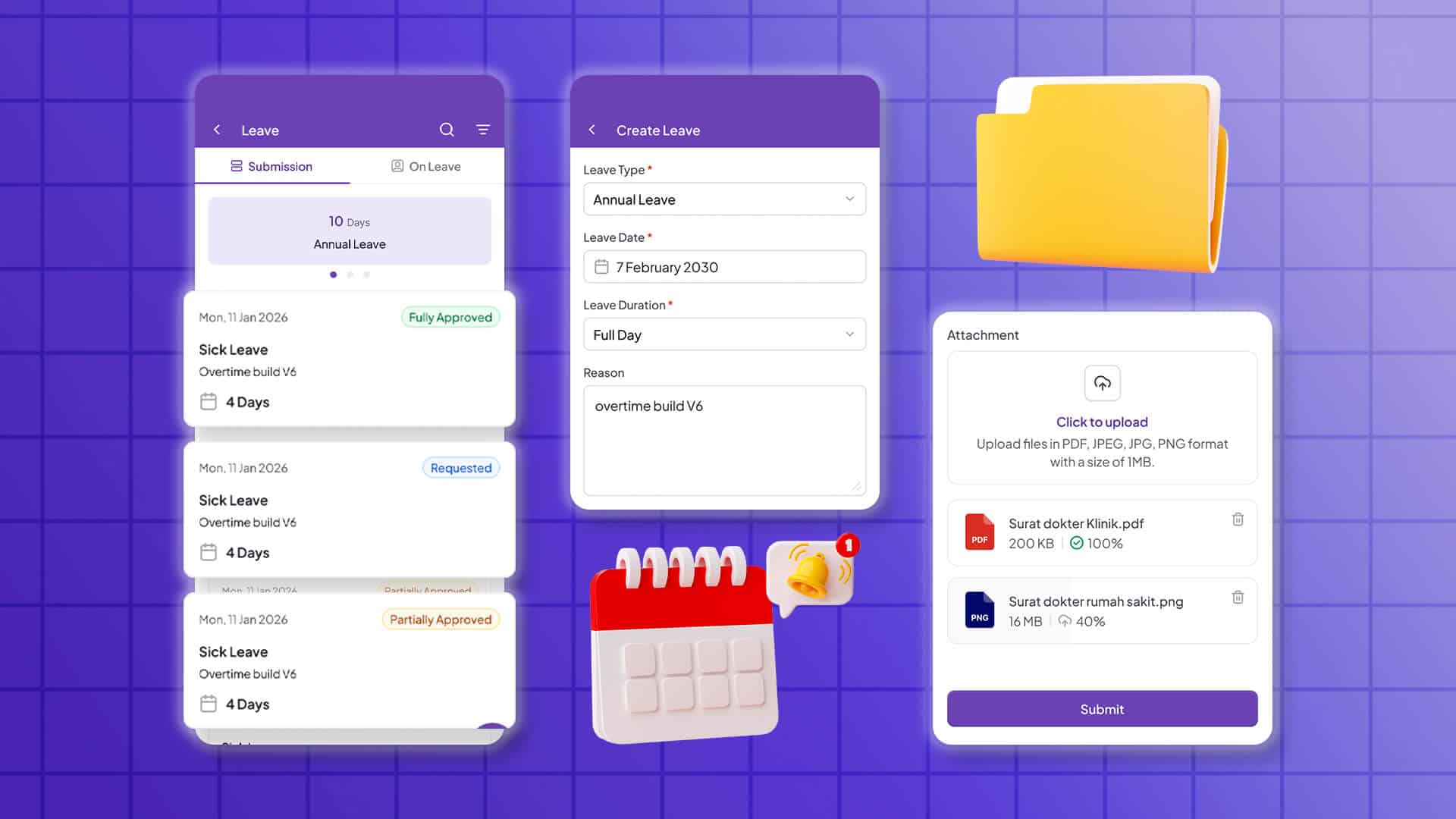 Tampilan menu pengajuan cuti dan unggah dokumen pendukung pada aplikasi Jobseeker Life.