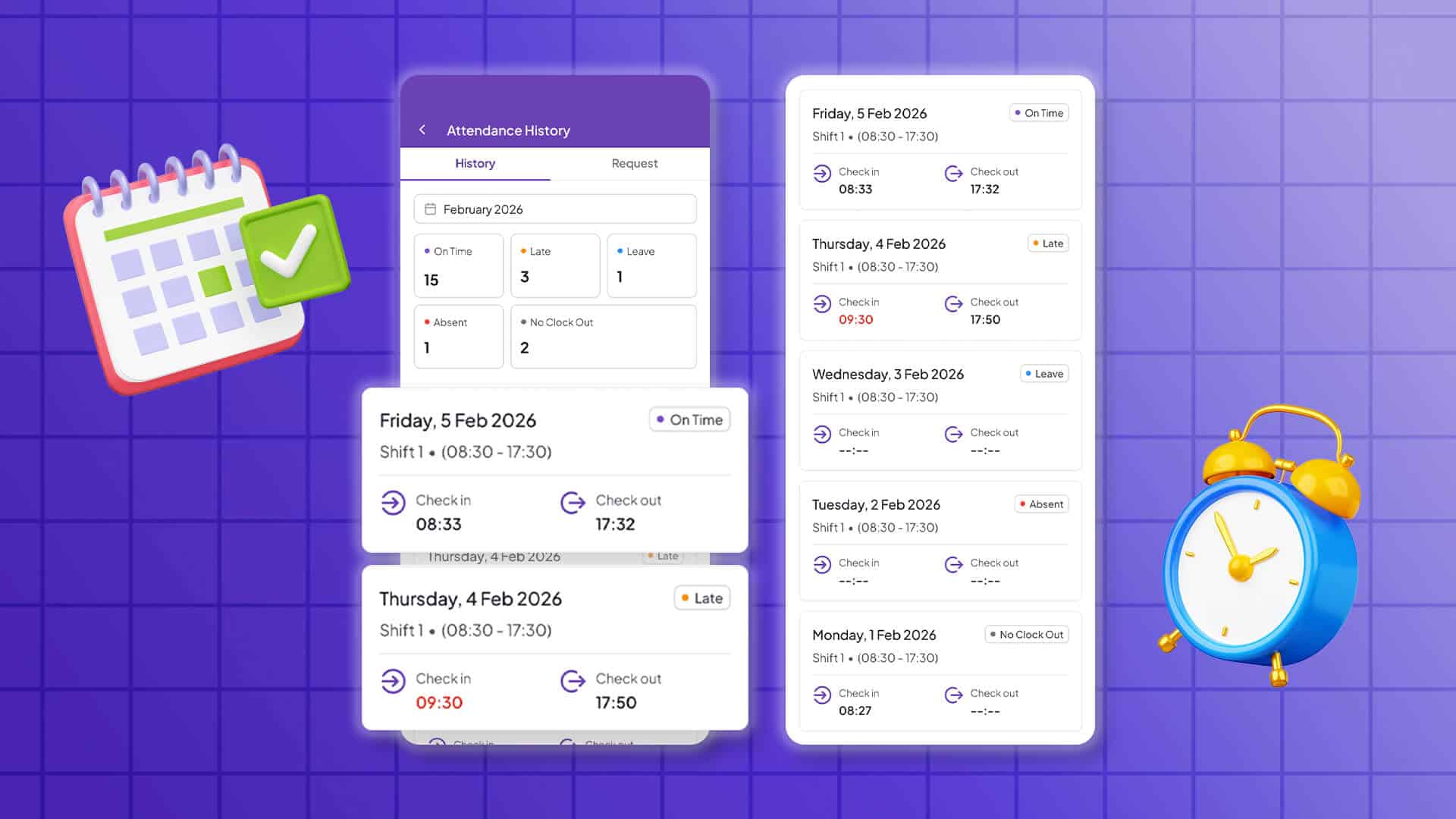Tampilan daftar riwayat kehadiran dan status absensi karyawan pada aplikasi Jobseeker Life.