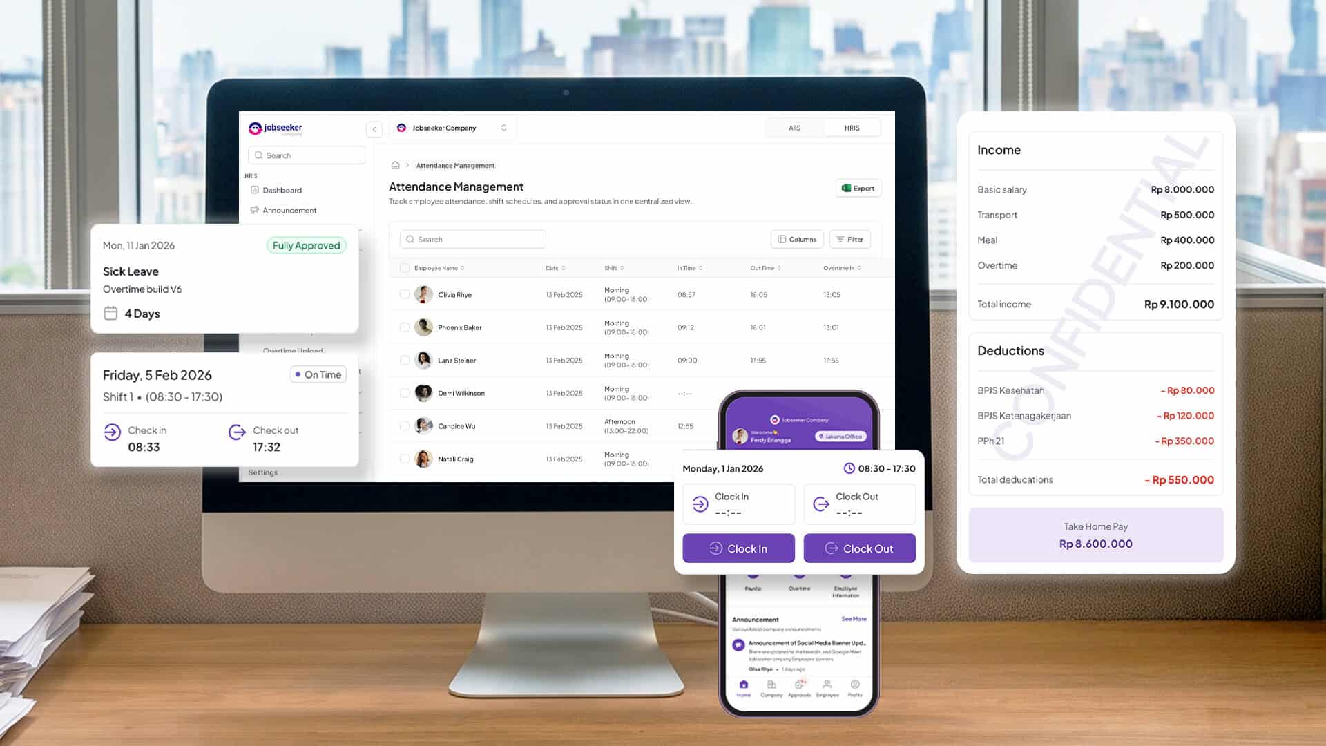 Layar komputer dan ponsel menampilkan dasbor kelola kehadiran pada aplikasi Jobseeker Life.