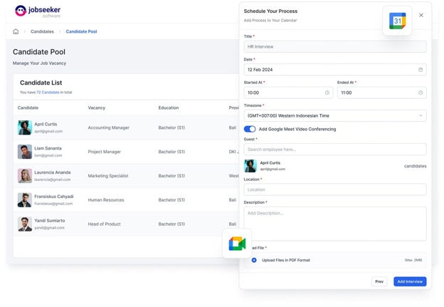 Tampilan formulir penjadwalan wawancara kerja di Jobseeker Software yang terintegrasi langsung dengan Google Calendar dan Google Meet.