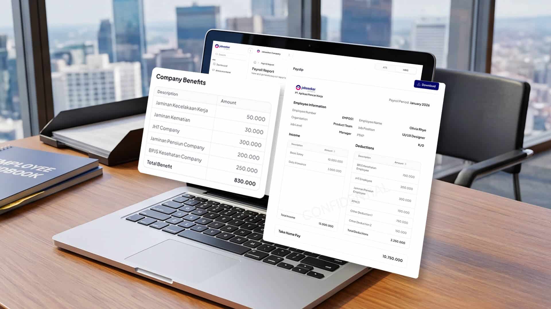 Tampilan antarmuka slip gaji dari Software HRIS Jobseeker Company dan benefit perusahaan pada laptop di atas meja kantor.