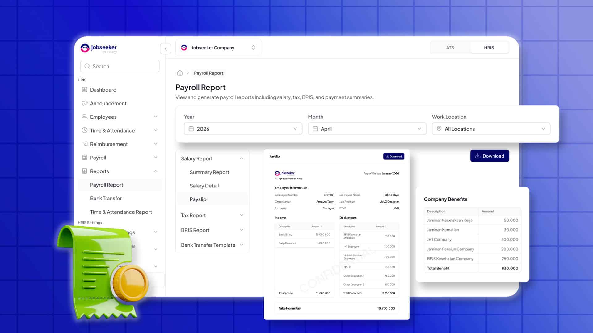 Tampilan antarmuka laporan penggajian dan slip gaji pada software HRIS Jobseeker Company dengan latar biru.