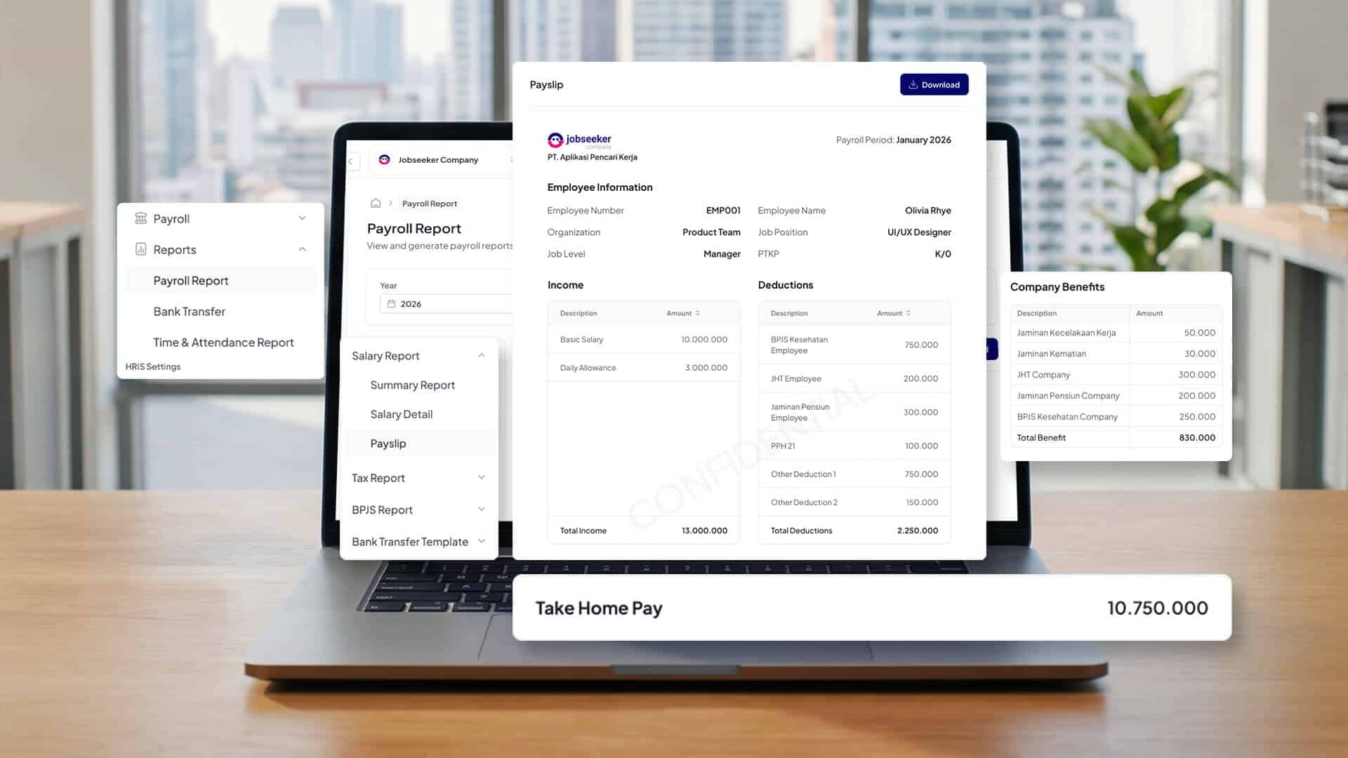 Laptop menampilkan rincian slip gaji, gaji bersih, dan benefit perusahaan dari software HRIS Jobseeker di atas meja kayu.