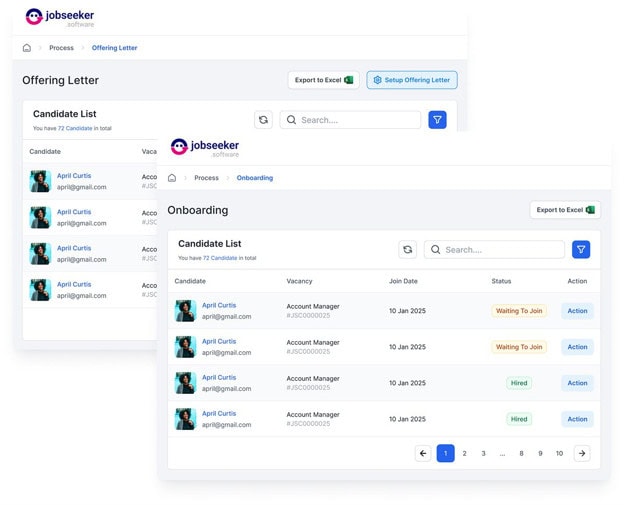 Tampilan dasbor Jobseeker Software pada halaman Offering Letter dan Onboarding yang memuat daftar kandidat beserta status bergabungnya.
