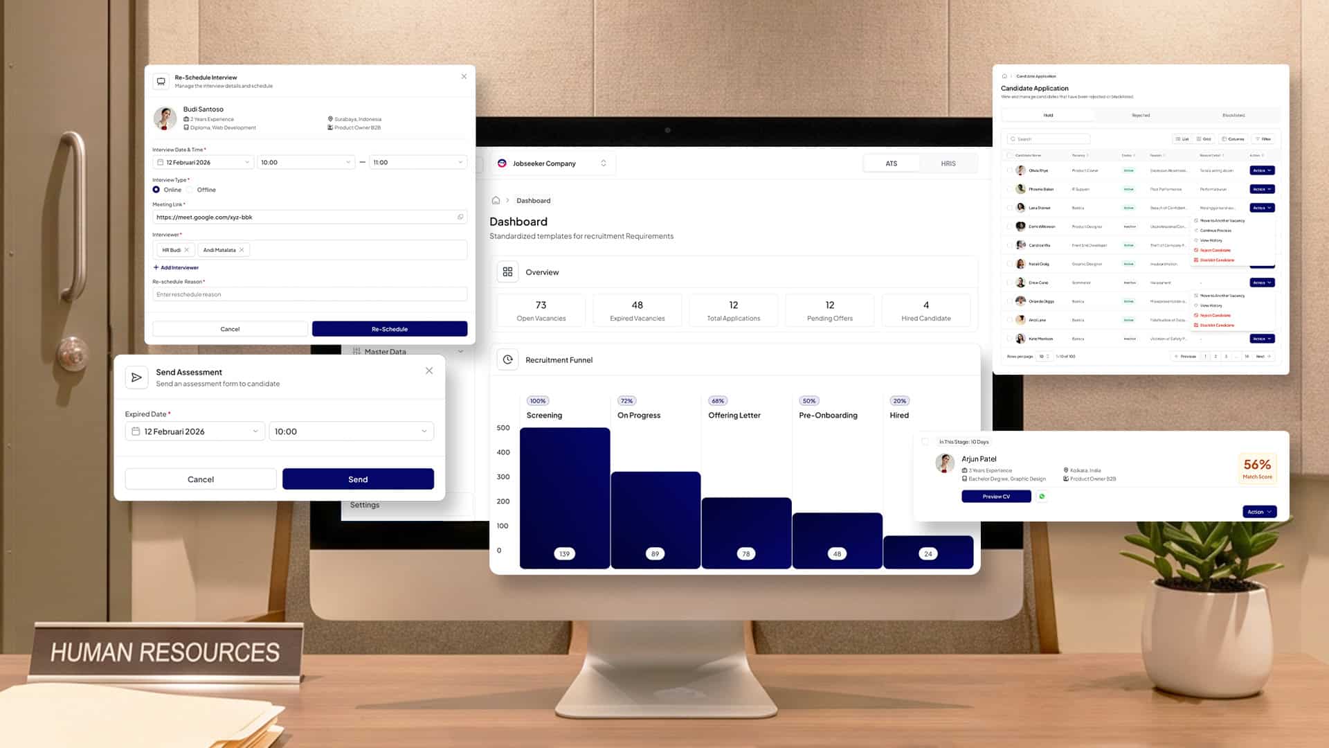 Monitor komputer di meja kerja menampilkan dashboard software rekrutmen Jobseeker Company dengan beberapa fitur utamanya.
