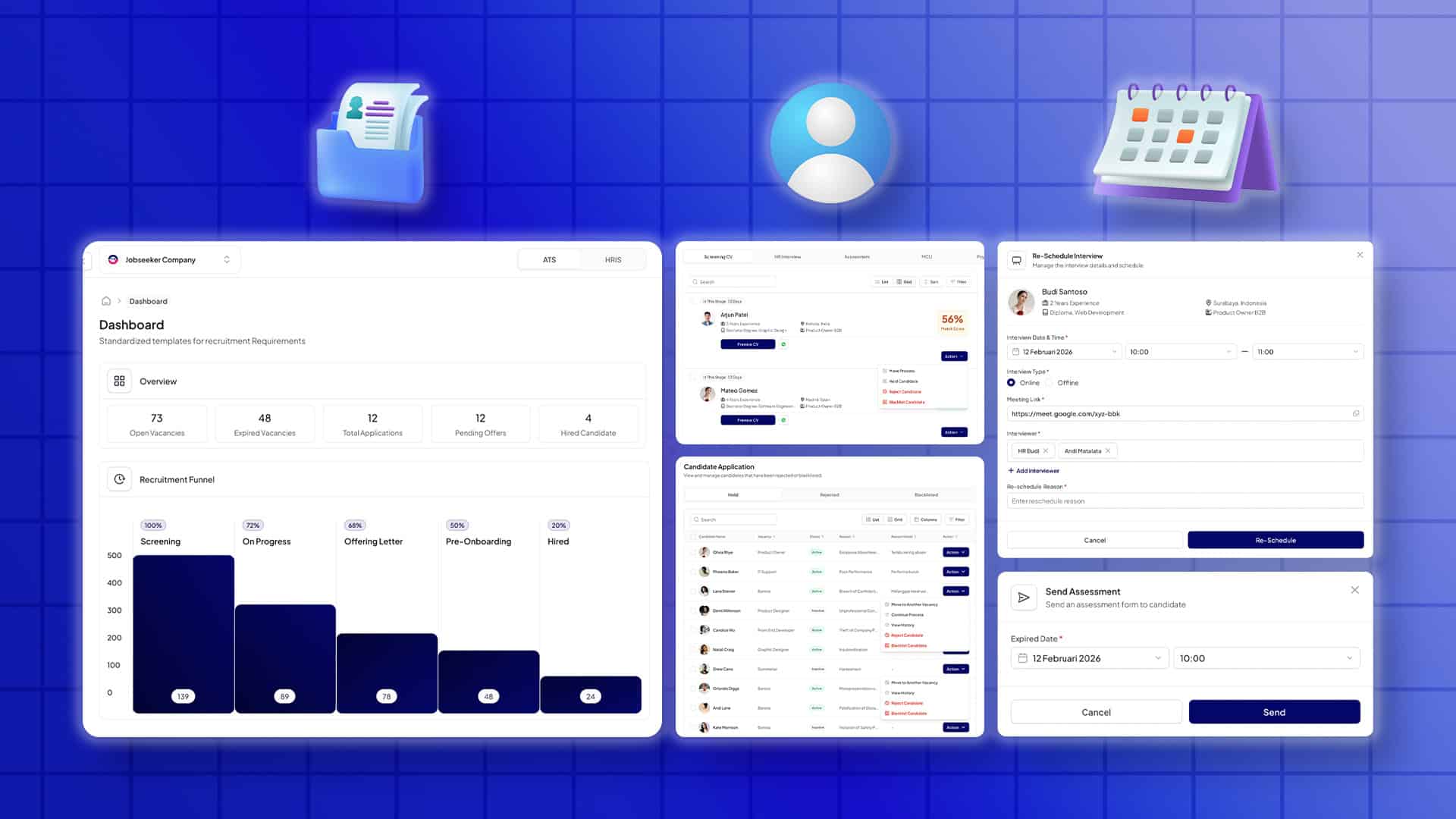 Tampilan antarmuka dashboard software ATS dengan ikon folder, profil pengguna, dan kalender.