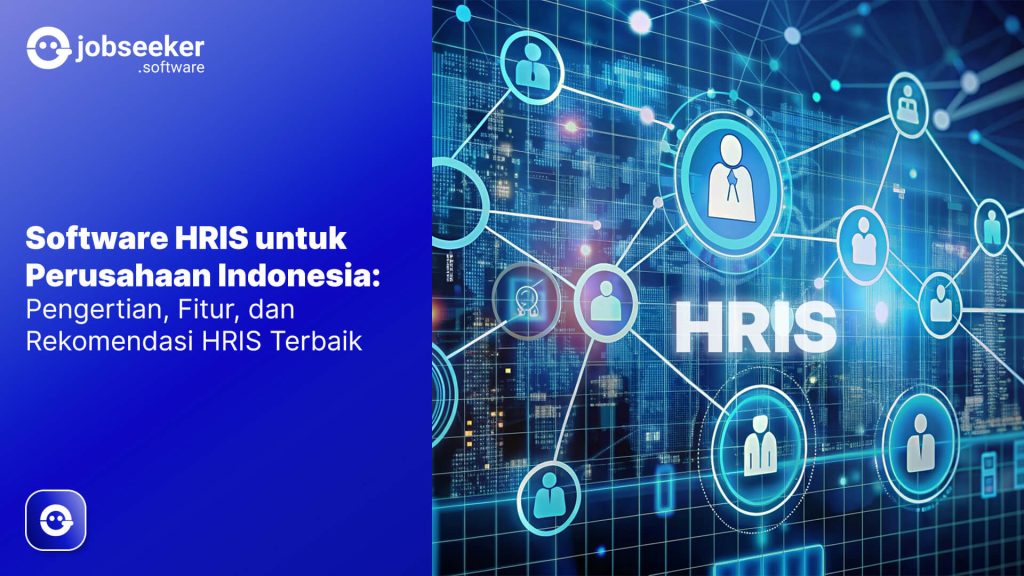 Grafik bertuliskan "Software HRIS untuk Perusahaan Indonesia" dengan latar belakang jaringan ikon SDM terhubung.