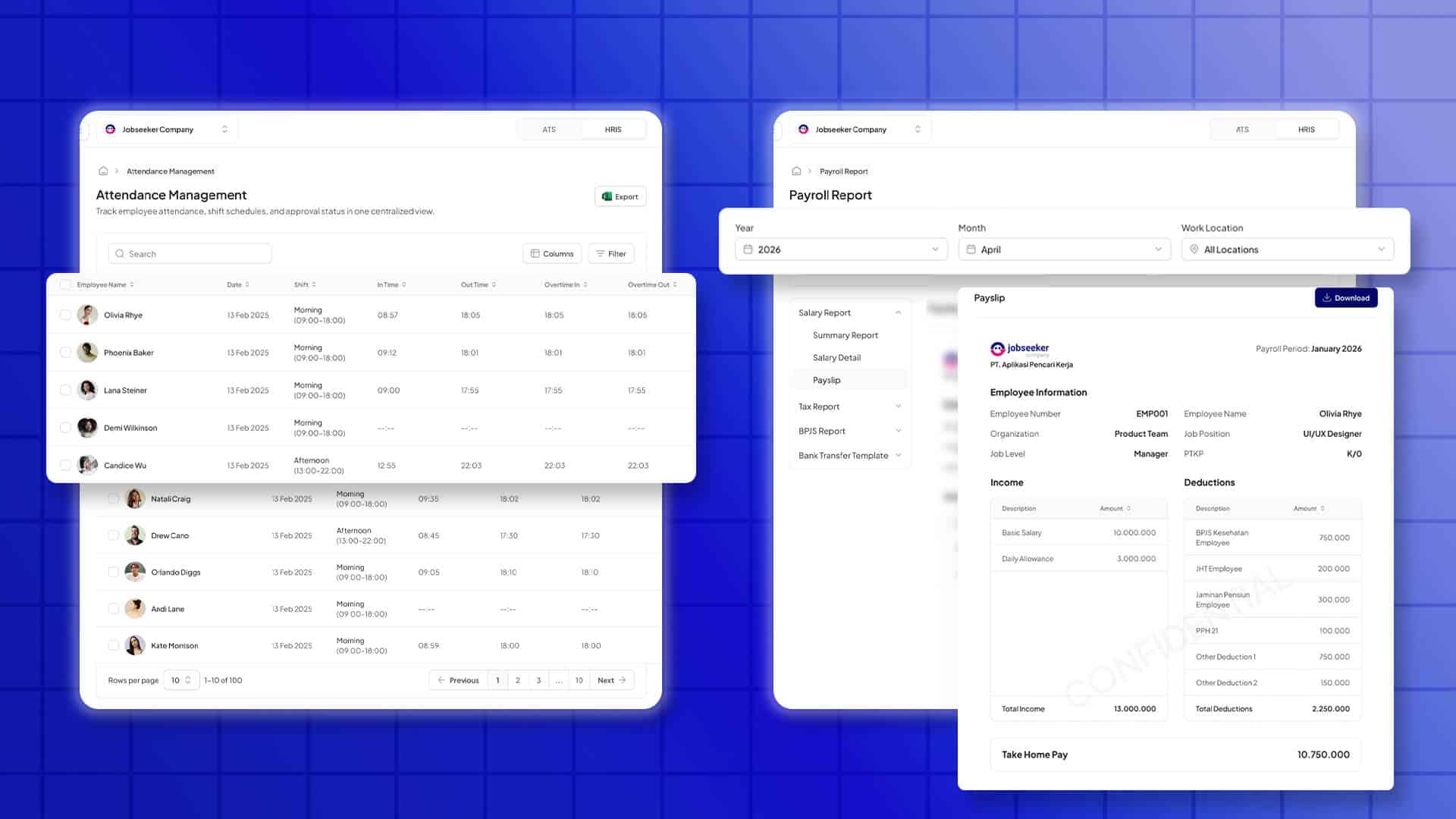 Tampilan antarmuka dashboard manajemen kehadiran karyawan dan laporan penggajian aplikasi HRIS pada latar biru.
