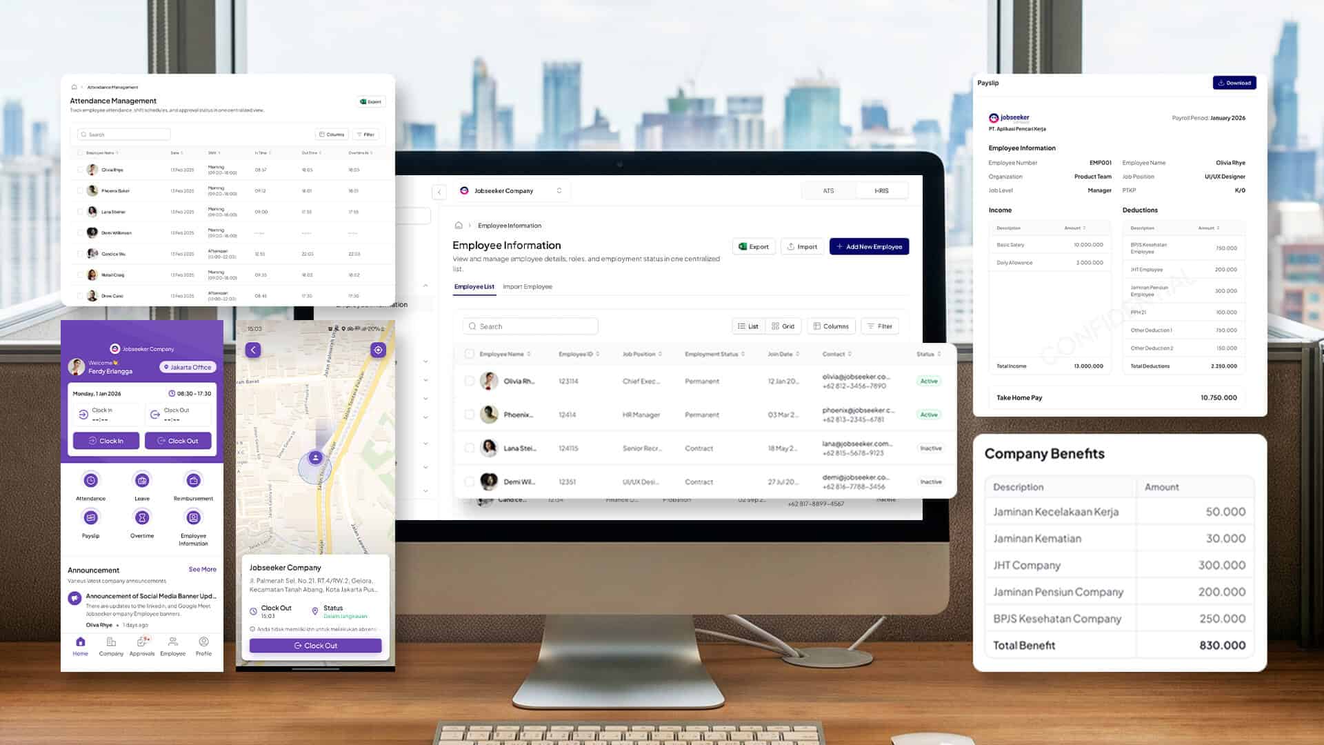 Dashboard utama HRIS Jobseeker di komputer beserta modul absensi, rincian gaji, dan aplikasi ESS Jobseeker Life.