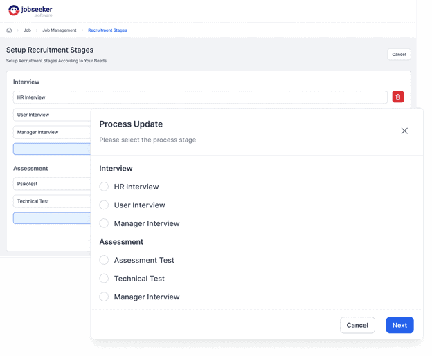 Tampilan halaman pengaturan tahapan rekrutmen dinamis dan jendela pop-up pilihan proses seleksi pada Jobseeker Software.
