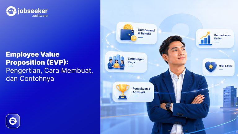 Featured image “Employee Value Proposition (EVP): Pengertian, Cara Membuat, dan Contohnya” dengan seorang pria profesional berjas melipat tangan di samping ikon elemen Employee Value Proposition.