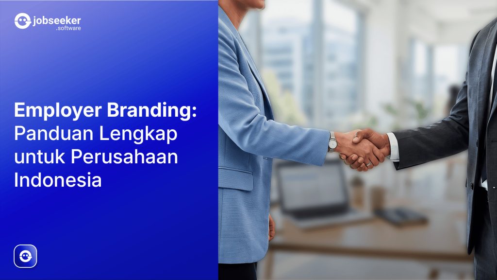 Featured image "Employer Branding 101: Definisi, Manfaat Dan Seberapa Penting" dengan dua orang profesional mengenakan jas berjabat tangan di depan latar belakang kantor.