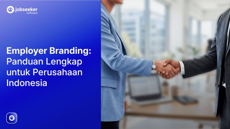 Featured image "Employer Branding 101: Definisi, Manfaat Dan Seberapa Penting" dengan dua orang profesional mengenakan jas berjabat tangan di depan latar belakang kantor.